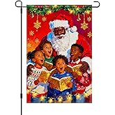 HOMETITUTE Merry Christmas African American Black Santa Garden Flag 12x18 Inch Double Sided Santa with Children Choir Red Snowflake Holiday Flags Outdoor Winter Yard Banner Welcome Flag Decor