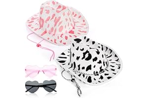 WRINGKIT Set of 4 Cow Print Cowboy Hat, Adjustable Cowgirl Hat with Heart Sunglasses, Western Cowboy Hats for Cosplay, Party