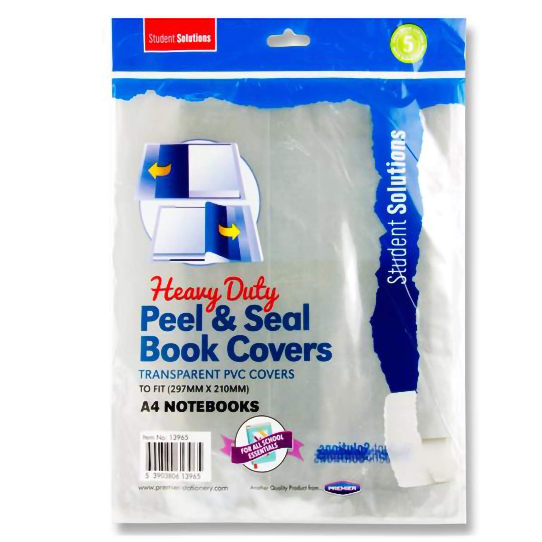 Premier Stationery Student Solutions Clear Book Cover, Ideal for School Supplies, Office Stationary, A4 Book Sleeve, Wipes Clean, Easy to Apply (Pack of 5)