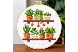 Zhenqing Wooden Plant Shelf Cross Stitch Kit for Beginners, 11CT Printed 24x24cm with Hoop, 6 Potted Succulent Embroidery Set
