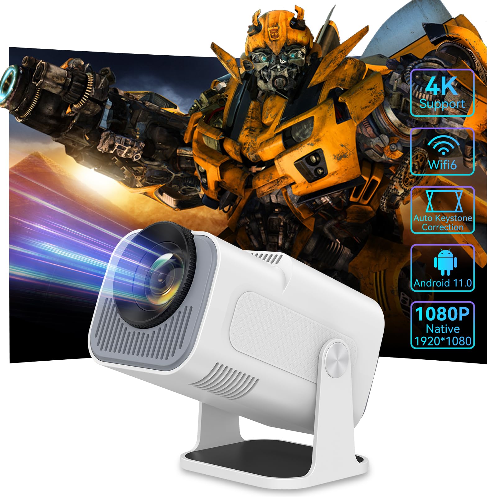 Photo 1 of Smart Mini Projector with Android 11.0,2024 Upgraded Portable Projector 1080P 4K Full HD with WiFi 6 and BT5.2,180°Adjustable Stand, Auto Keystone Home Projector for Phone/TV Stick/Laptop