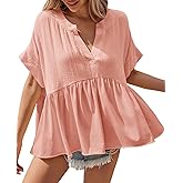 Tankaneo Womens Summer Babydoll Tops V Neck Short Sleeve Pleated Flowy Shirts Casual Loose Fit Peplum Blouse