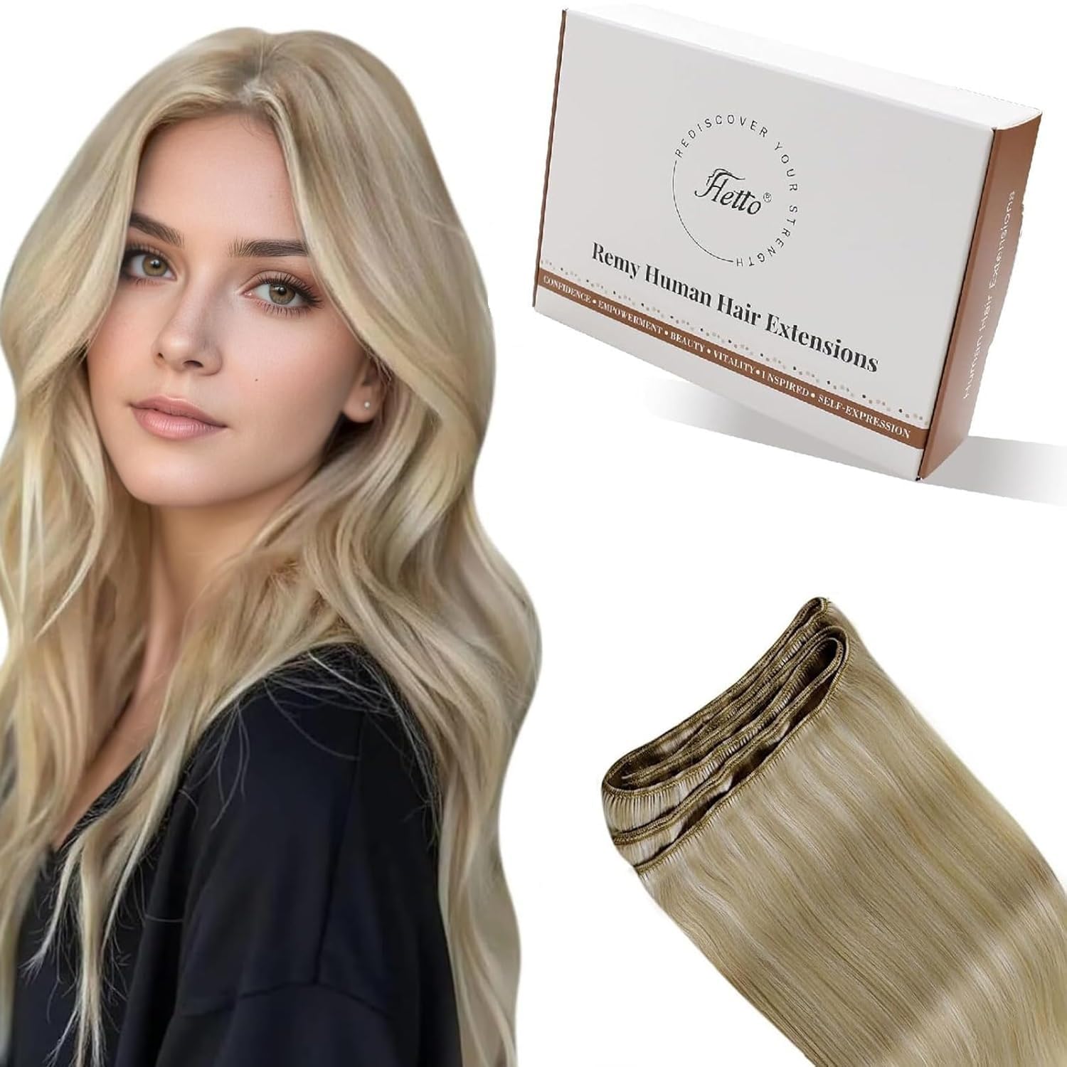 Hetto Weft Hair Extensions Real Human Hair Light Blonde Highlights 18 Inch 100g - Invisible Hand Tied Sew in Hair Weft Extensions, Double Weft Human Hair for Festival & Party Looks #17/23