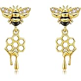Bee Earring 925 Sterling Silver Bee and Dripping Honey Stud Earrings for Women
