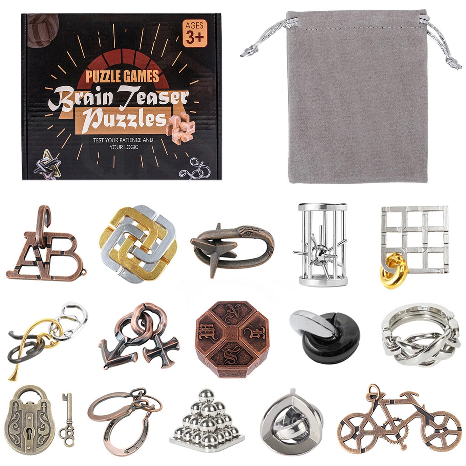 Holzsammlung 15pcs Brain Teaser Metal Puzzles, Mind Puzzles IQ Challenge Puzzle Games, IQ Test Toy Puzzle Gift Set for Adults Teens Men Women, Birthday Present Cracker Christmas Stocking Filler