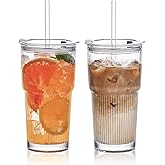 SoulTimes 20oz Glass Tumblers with Lids and Straws, Set of 2 - Stylish Ribbed Design Drinking Glasses for Iced Coffee Cups, Juice, Smoothies, Cold Beverages, Includes Cleaning Brush, Durable Glassware