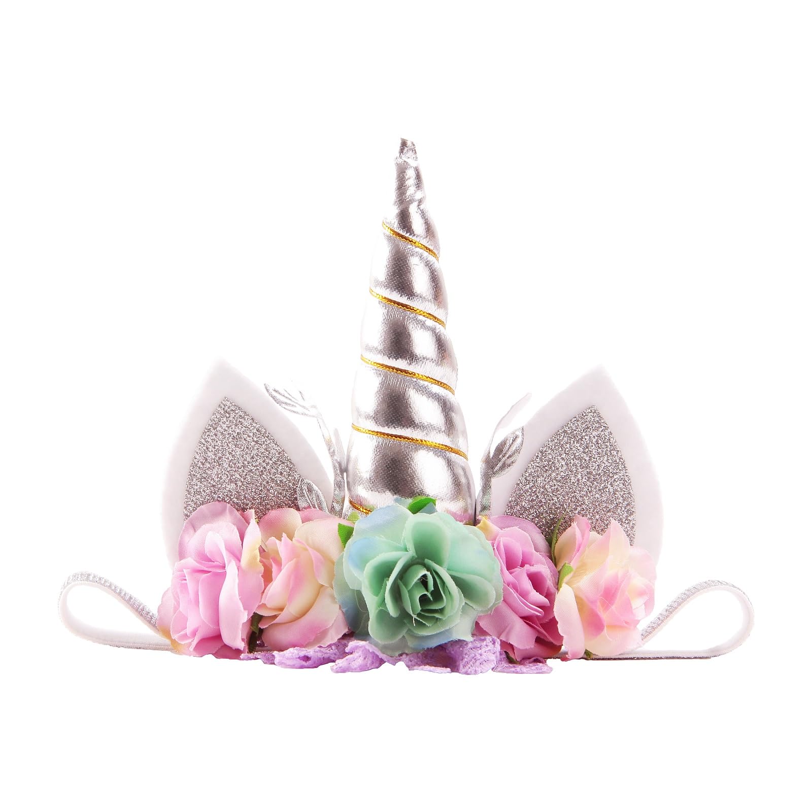 Nishine Roses Floral Unicorn Horn Headband Elastic Baby Girls Unicorn Hairband Party Supplies (Silver&Mint)