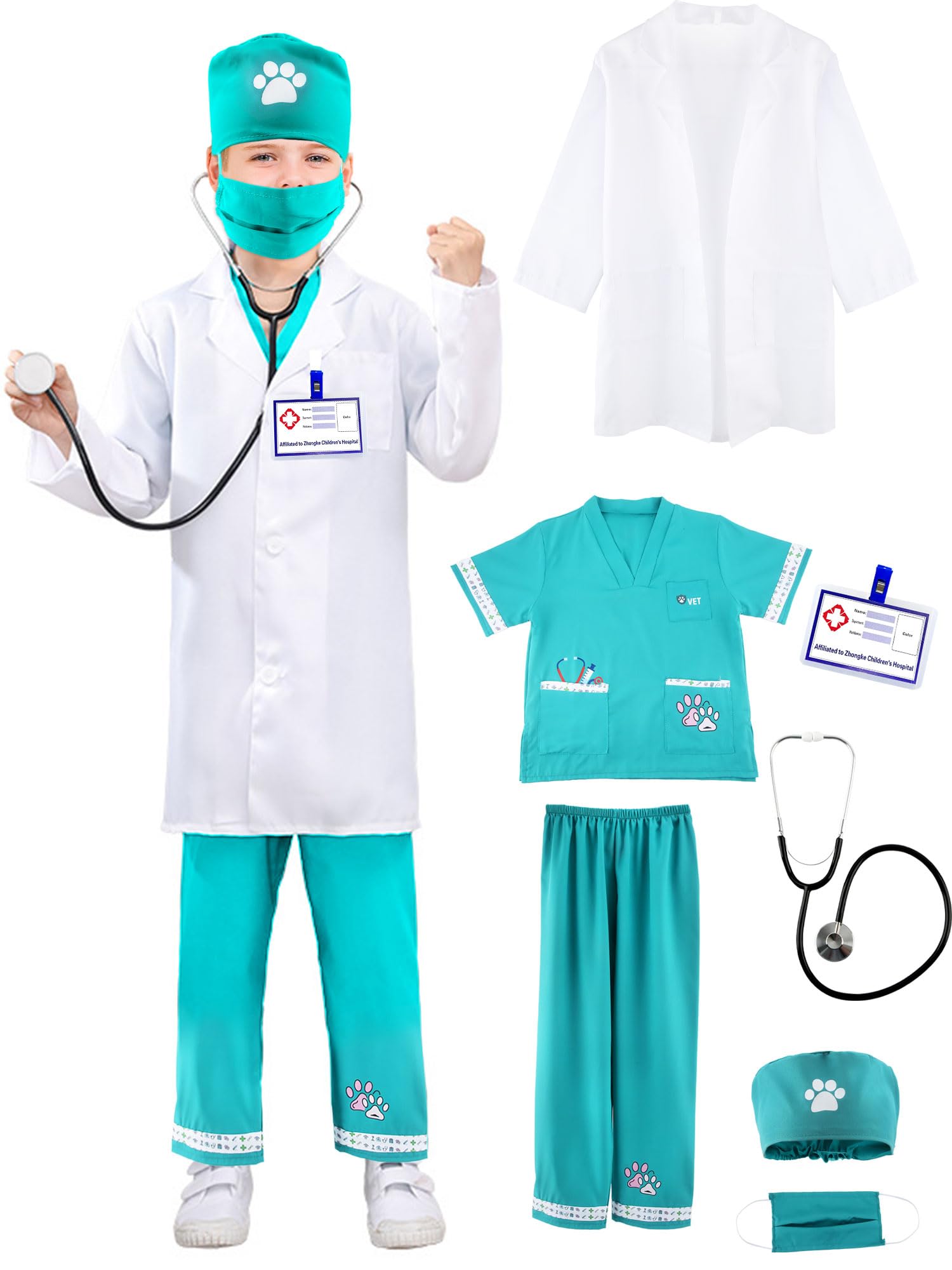 Puteraya 7 Pcs Kids Veterinary Costume Set Animal Doctor Dress Up Outfits for Kids Doctor Role Play Halloween Cosplay Pretend Play (Veterinarian Style 1, 4-5 Years (110-120 cm))