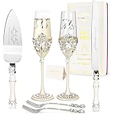 Wedding Cake Knife and Server Set, Luxury Handcrafted Crystal Champagne Flutes with Silver Petal Rhinestones and Pendant, Cake Cutting Set for Wedding, Engagement Gifts for Couples, Gift-ready Box