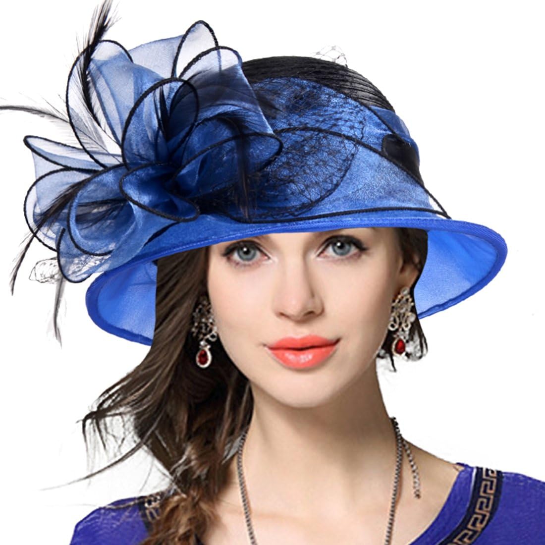 VECRY Lady Derby Dress Church Cloche Hat Bow Bucket Wedding Bowler Hats (Two-Tone-Blue) at  Women’s Clothing store