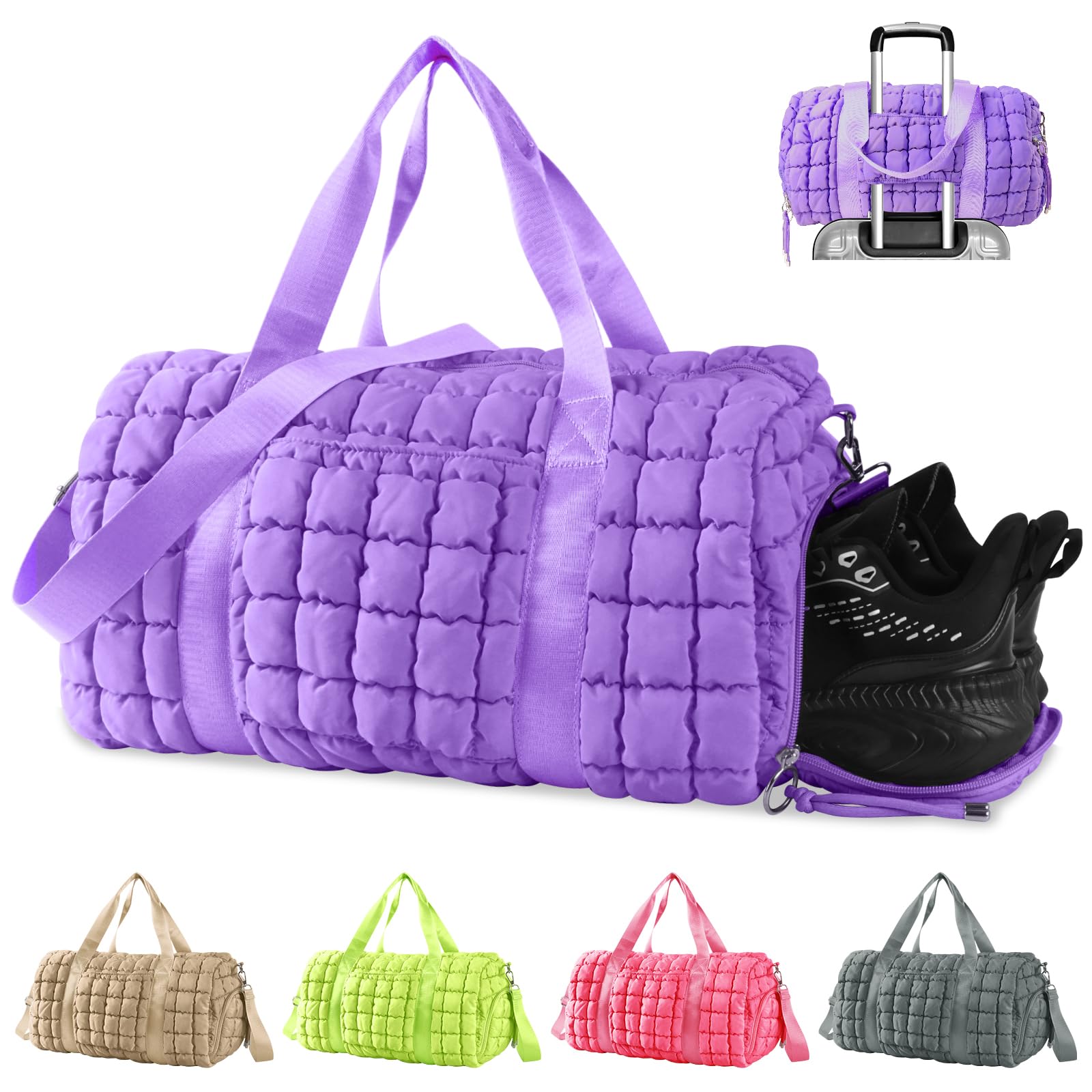 Photo 1 of Quilted Gym Bag Duffle for Women,Duffle Bag for Travel with Shoes Compartment,Puffer Weekender Bags Overnight Carry On Duffel Bag with Trolley Sleeve,Personal Item Bag Sports Duffel Dance Bag(Purple)