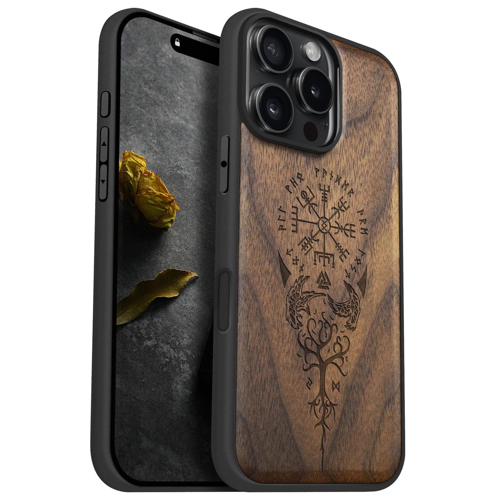 Carveit Magnetic Wood Case for iPhone 16 Pro Max [Solid Wood & Black Soft TPU] Shockproof Protective Cover Unique Wooden Case Compatible with magsafe (The Guiding Vegvisir -Walnut)