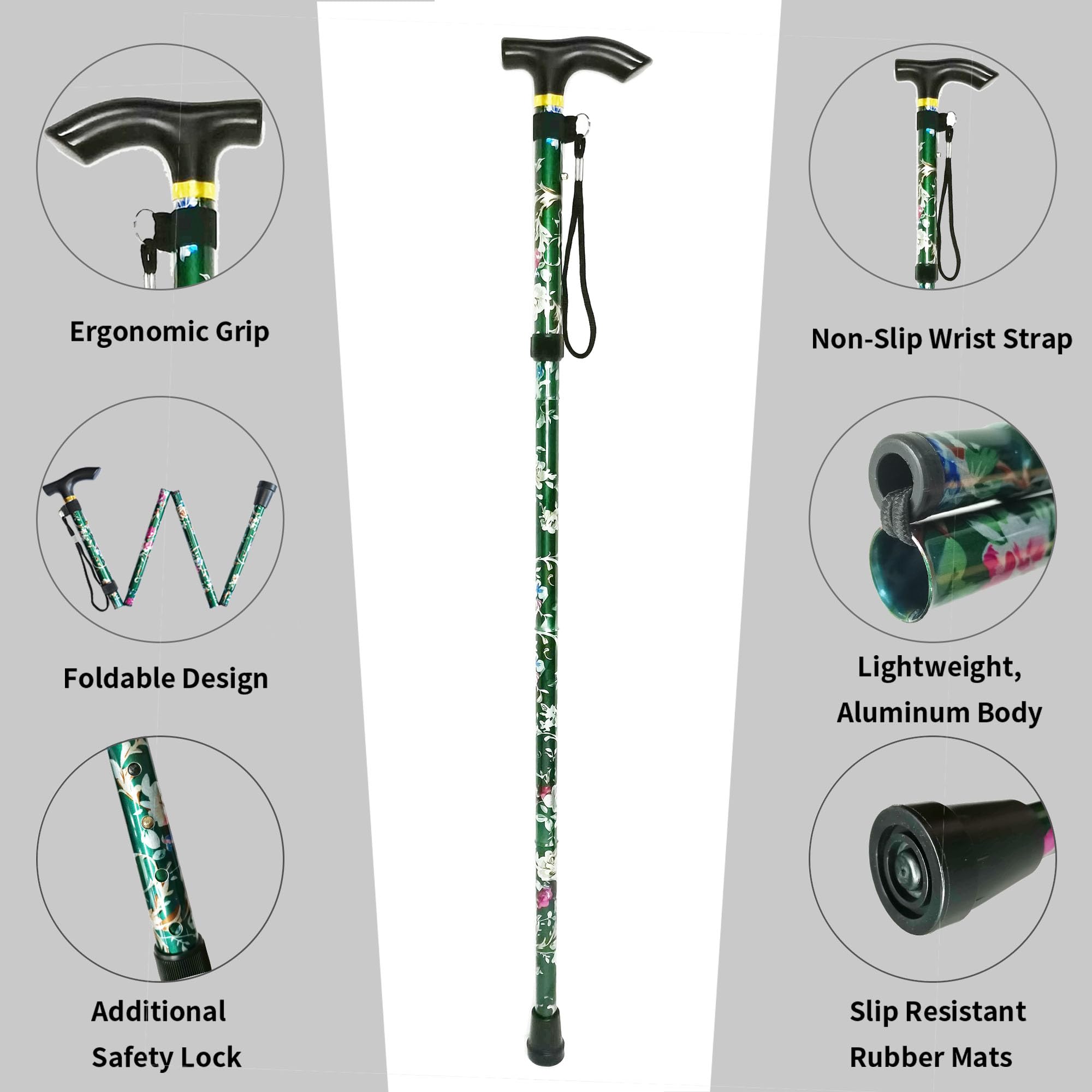 Folding Cane, 5-Level Adjustable Height Lightweight Portable Foldable Walking Canes with Wrist Strap and T Handle for Men Women Seniors