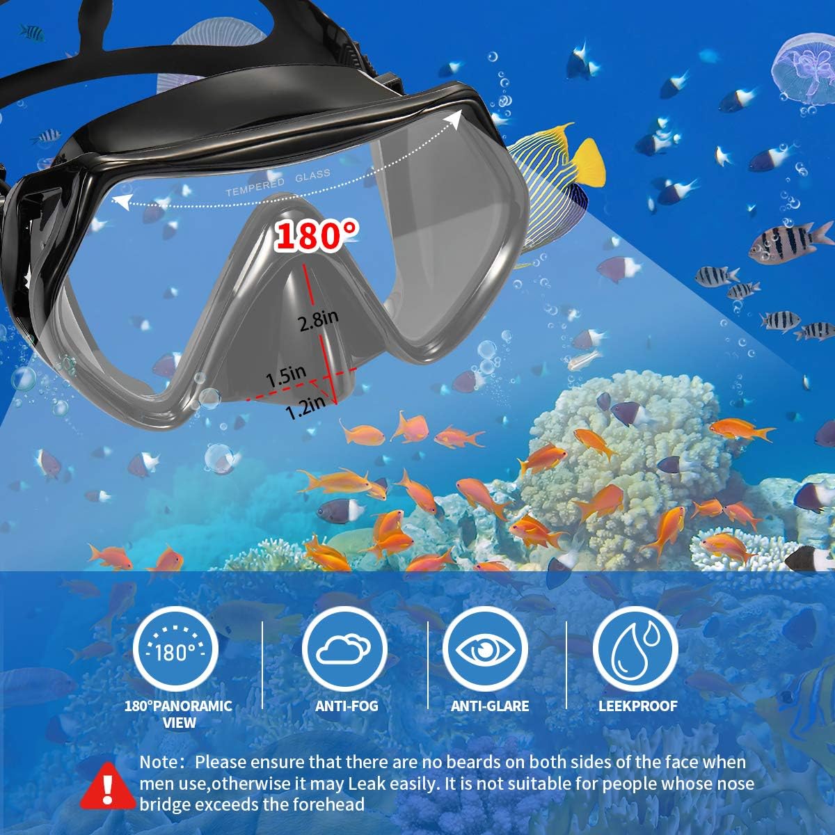Supertrip Snorkel Set Adults-Anti-Fog Film Scuba Snorkeling Diving Mask with Impact Resistant Temperred Glass|Dry Top Snorkel, 2 Mouthpieces 1 Waterproof Case Included Black : Sports & Outdoors
