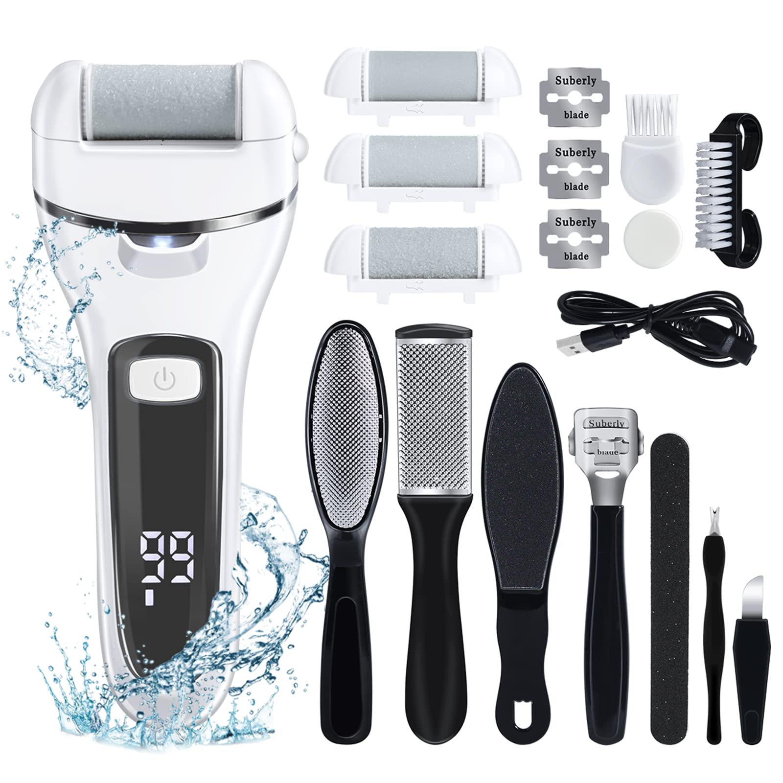 Electric Foot File for Hard Skin Remover, Feet Callus Removers Scrubber Brush Files for Dead Skins Dry Heel Scholl Pedicure Tools Kit, White