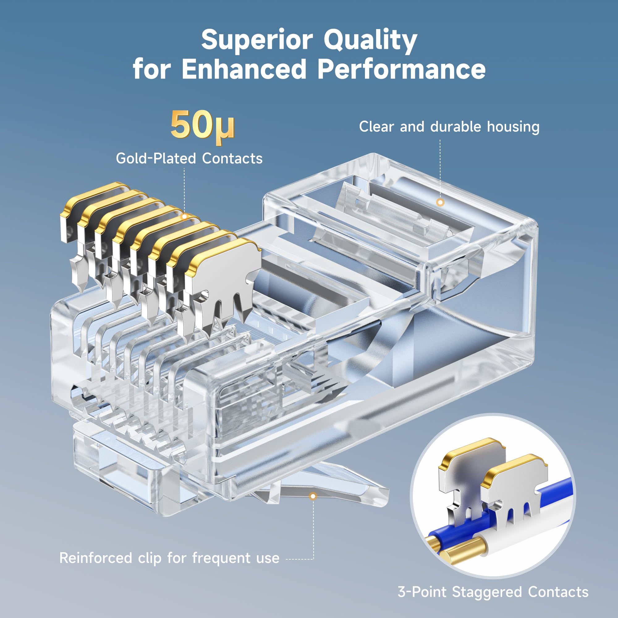 Cable Matters 100-Pack Cat 6 Pass Through RJ45 Connectors, 50µ Gold Plated (Cat 6 Ends / Cat6 Connector /RJ45 Modular Plugs/Ethernet Plugs/Network Connector) for Solid or Stranded UTP Ethernet Cable