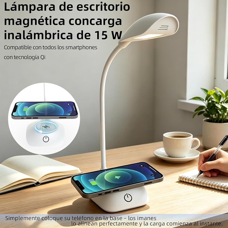 Candeeiro de secretária com carregamento sem fios magnético MagSafe 15W, 3 temperaturas de cor e regulável, 600LM, CRI 85, pescoço ajustável, para escritório em casa, quarto de estudo, branco