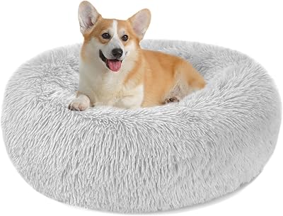 Nepfaivy Calming Dog Cat Donut Bed 23.6in Grey Non Slip Washable