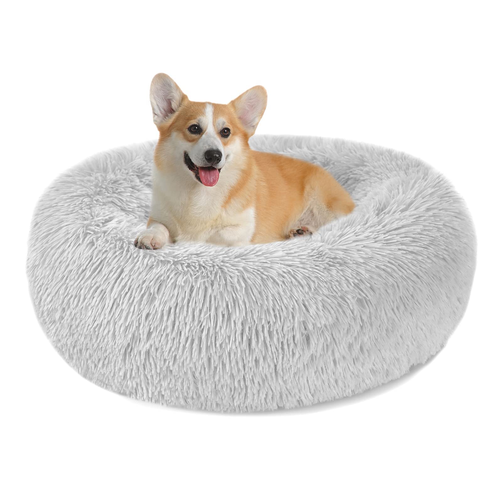 Nepfaivy Calming Dog Cat Donut Bed - 23.6in Fluffy Plush Puppy Kitten Cuddler Round Bed, Warm and Soft Pet Cosy Anti Anxiety Beds with Non-Slip Bottom and Washable(L-60CM, Grey) — image 1