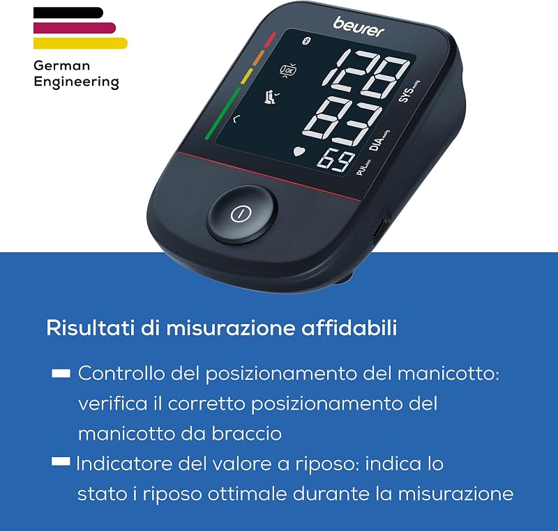 BM 48 Misuratore di pressione da braccio, funzionamento semplice con un pulsante, misurazione delicata e veloce, rilevamento aritmia, polsino 22-42 cm, con app, trasferimento dati Apple Health