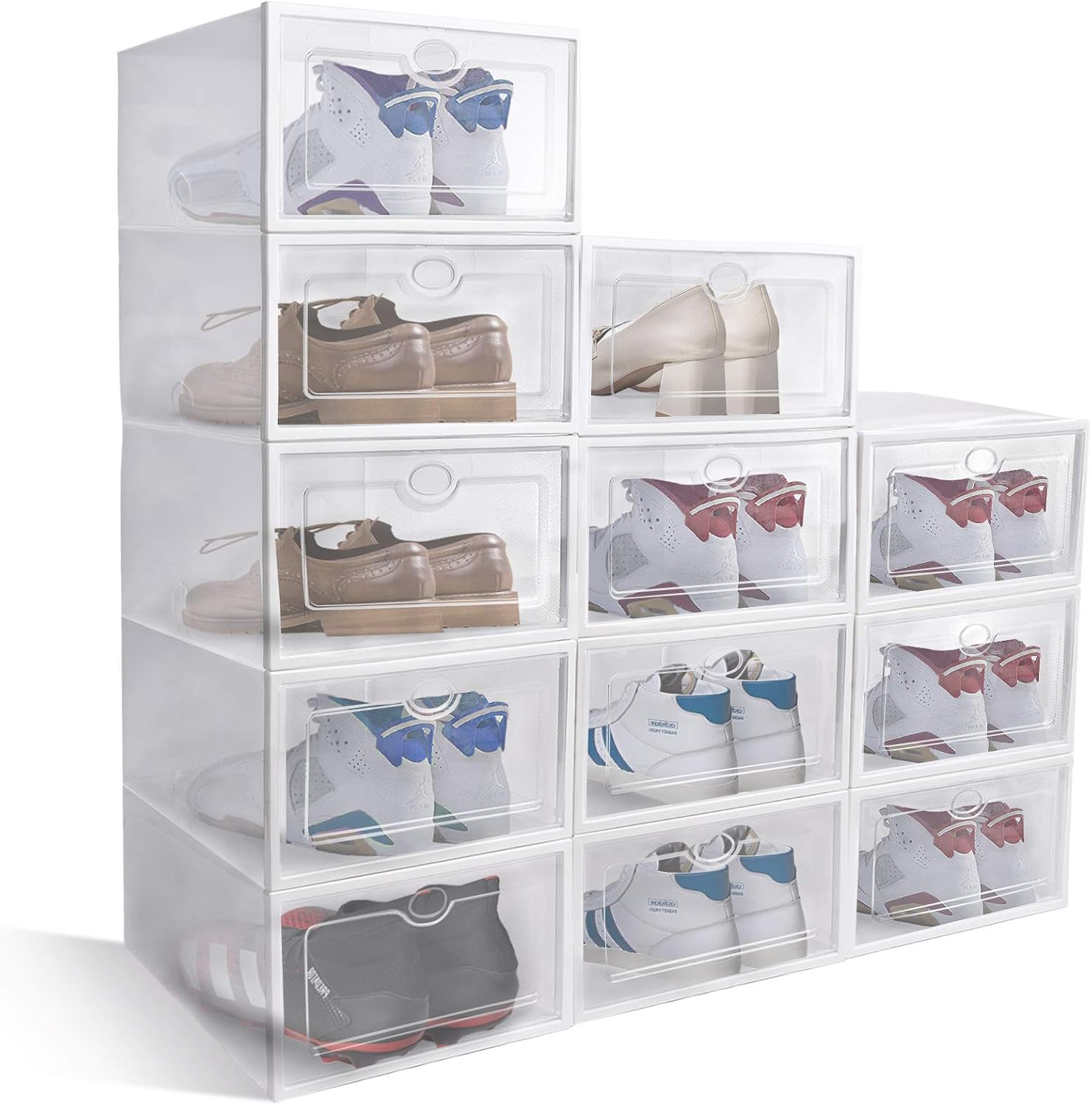 12-Pack Stackable Plastic Shoe Organizer Boxes - Black, Space-Saving Storage Bins