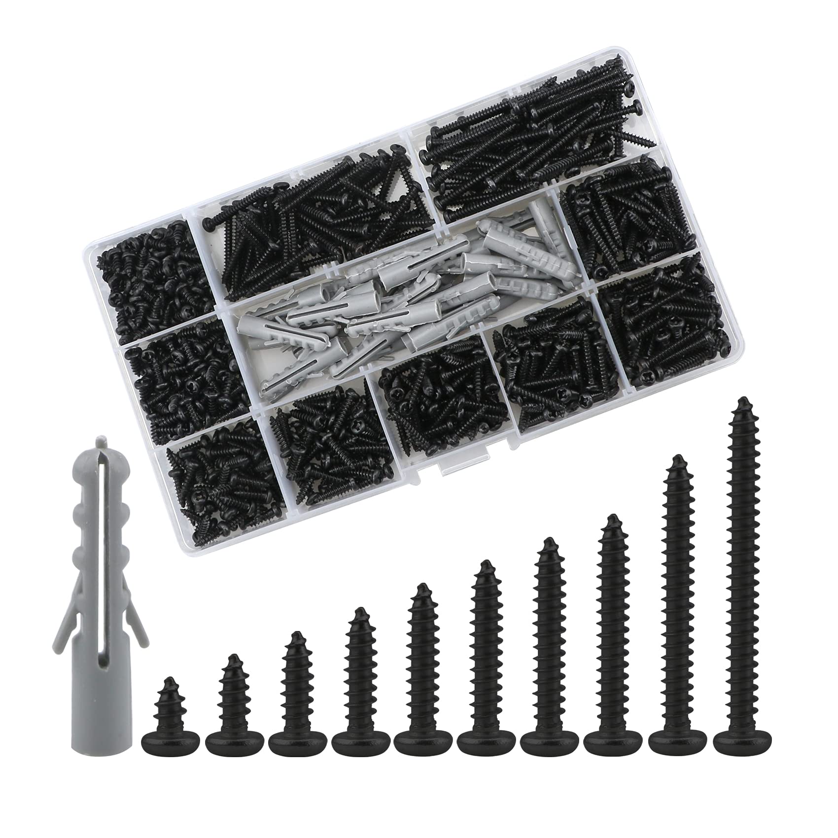 Lemiyoo M3 Pan Head Self Tapping Screws, 630 Pcs Round Head Phillips Wood Screws, Expansion Wall Plug Kit, Carbon Steel Self-Drilling Screw Kit (6/8/10/12/14/16/18/20/25/30mm) (Black)
