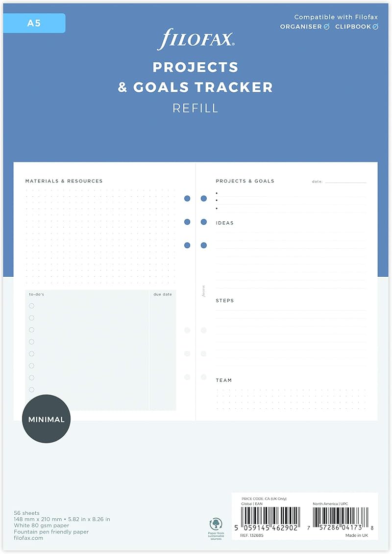 Filofax A5 Minimal Project Management Refill 56 sheets 80gsm