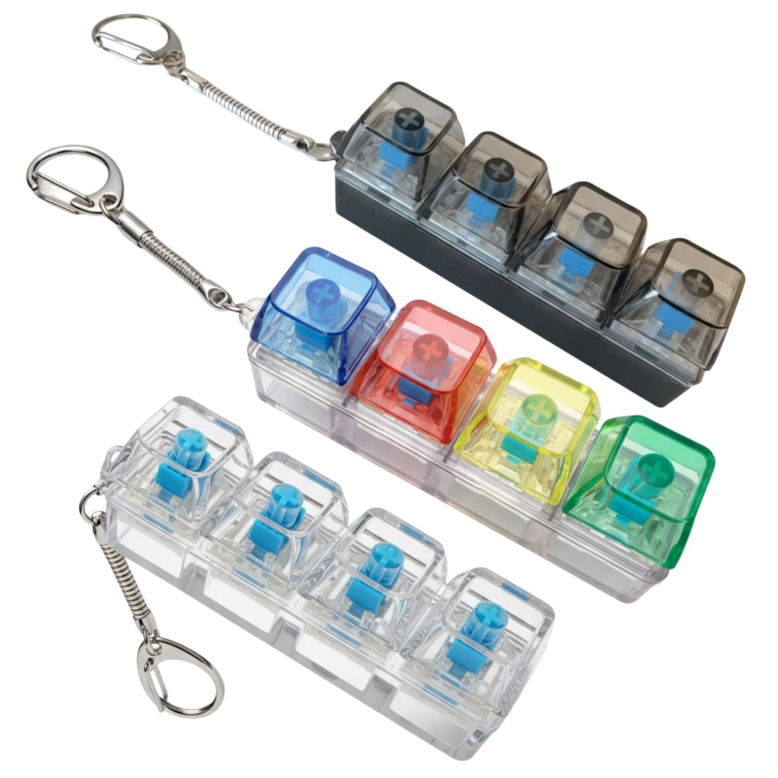 3 Pcs Keyboard Keychain Fidget Toy, Stress Relief Keyboard Keyrings, Portable Office and Classroom Focus Aid, Four-Key PC Transparent Black Blue Red Yellow Green Designs