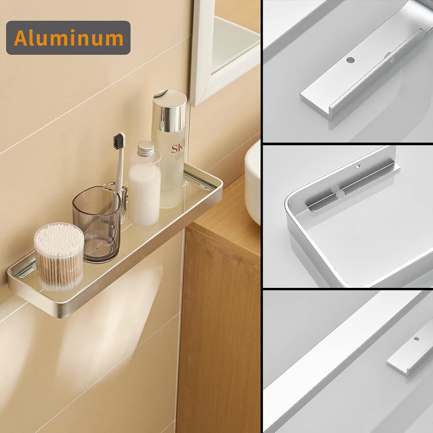 Bathroom Shelving Solution, Rectangular Tempered Glass Bathroom Shelf Wall Mounted, with Aluminum Frame, Shower Storage Organizer (16 inch, Matte Silver): Kitchen & Dining