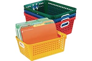 Really Good Stuff Plastic Storage Baskets - 4 Pack - Assorted Primary Colors, Stackable Mesh Baskets with Grip Handles - Classroom Organization and Storage Solution - Colorful Paper Organizer Baskets