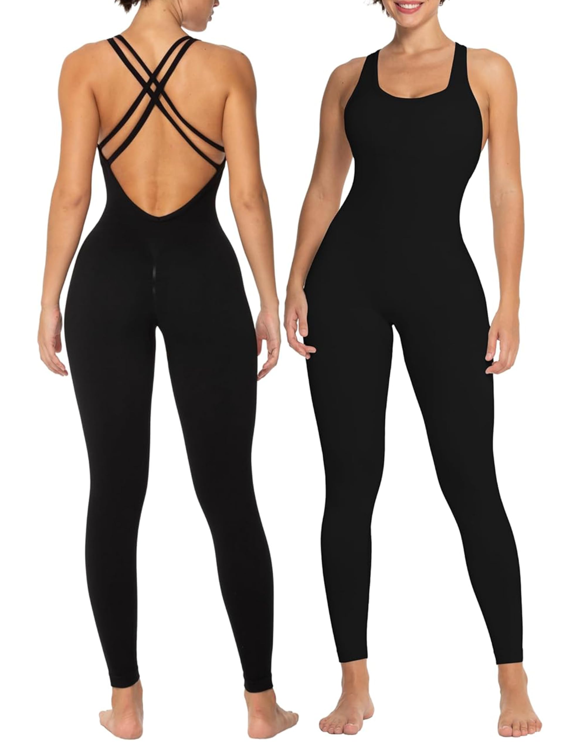 Photo 1 of Sunzel Jumpsuits for Women Backless, Seamless Workout One Piece Bodysuits, Butt Scrunch Leggings Unitard 25" Black Small