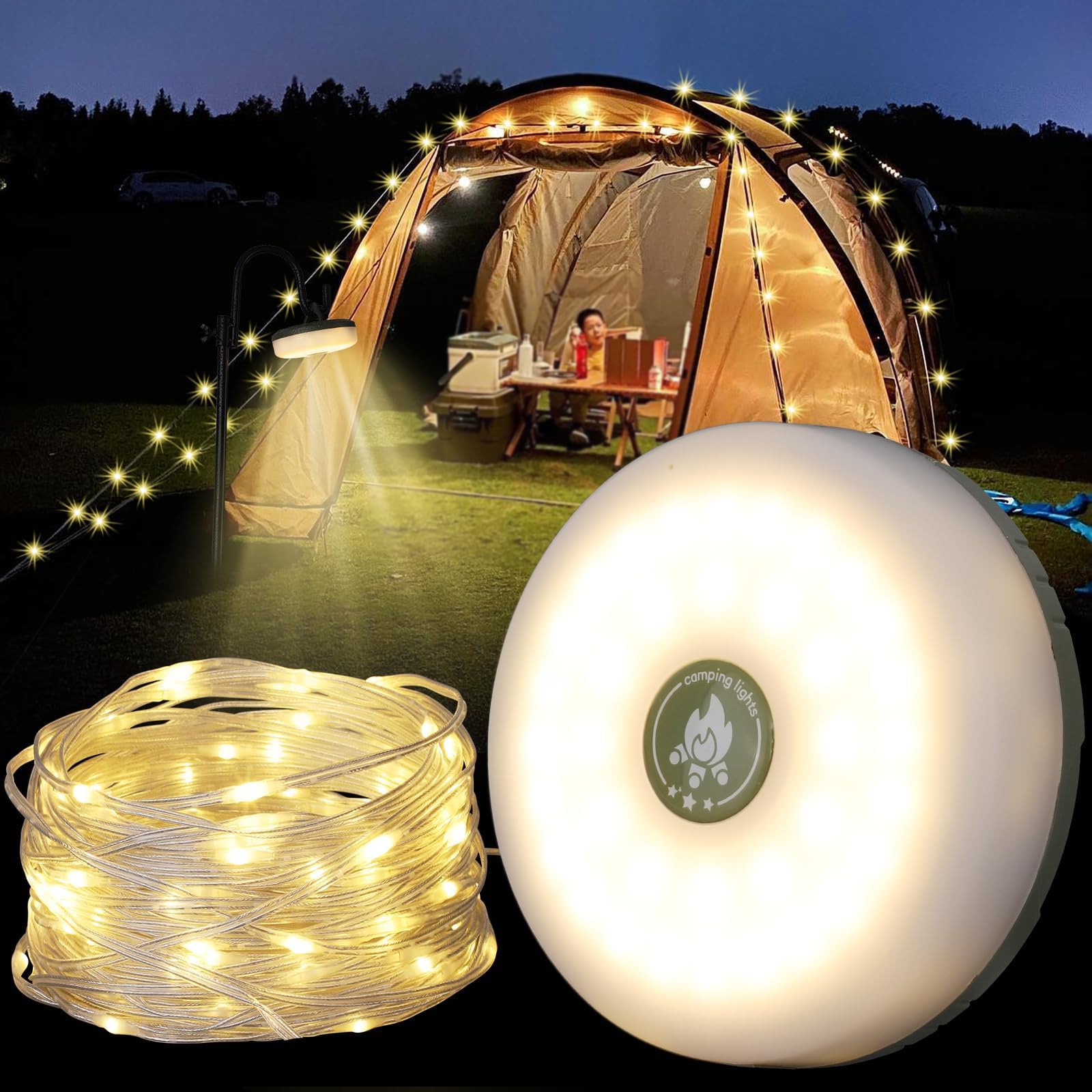 Photo 1 of Camping String Lights, Outdoor String Lights with 8 Lighting Modes, Rechargeable String Light Camping 2 in 1, Waterproof Portable Stowable USB Camping Lights for Camping, Yard, Party Decor 32.8 ft