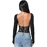 SOLY HUX Women's Lace Sheer Backless Top Y2k Long Sleeve Open Back T Shirt Going Out Tees Streetwear