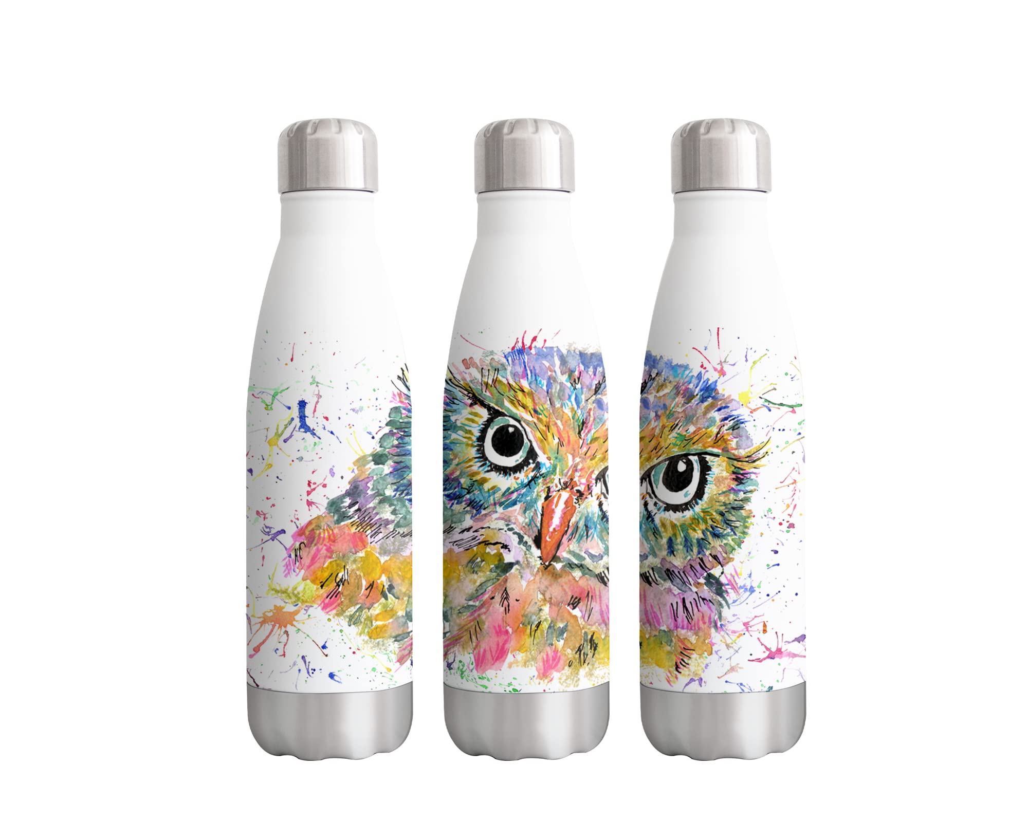 Owl Bird Watercolour Rainbow Art Bottle Double Wall Insulated Stainless Steel Sport Drinks 500ml White Gift Ideal for School Work Office Oudoor Sports Keeps Hot and Cold Drinks