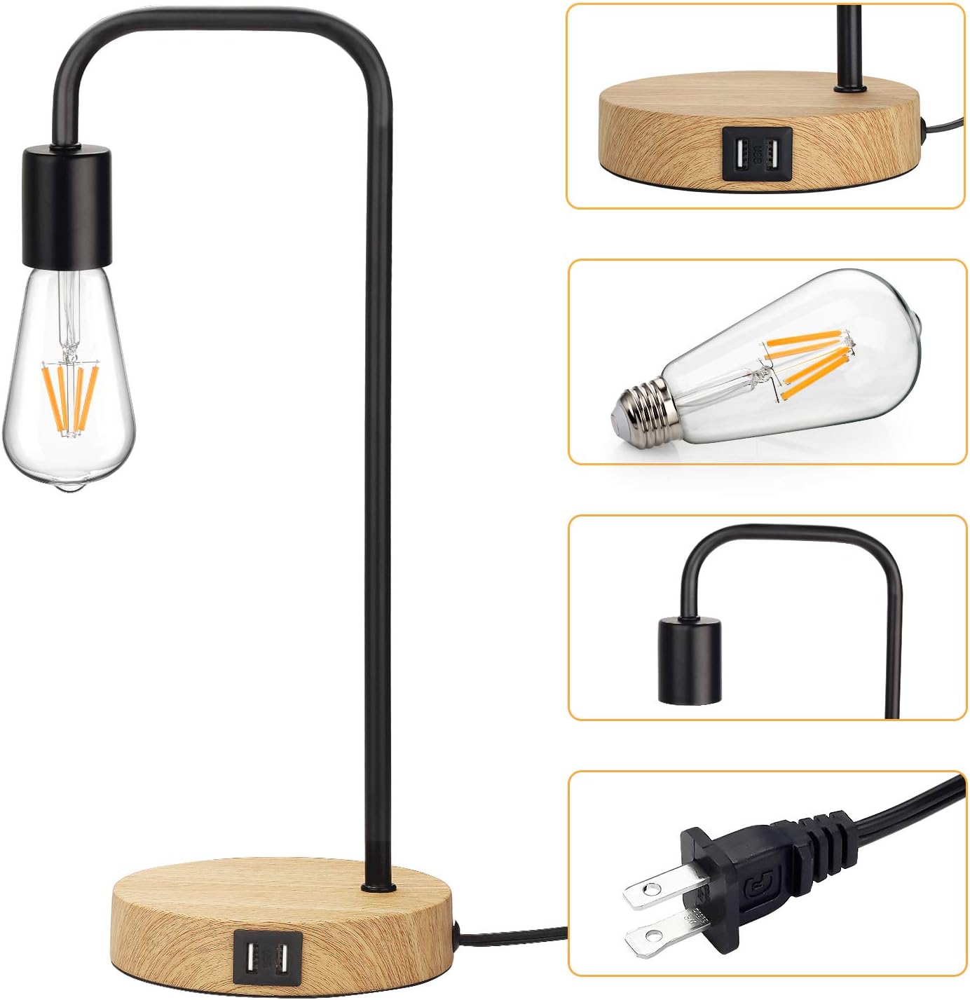 Touch Control Table Lamp, USB Desk Lamp, 3 Way Dimmable Modern Nightstand Lamp with Two USB Charging Ports for Bedroom, Living Room, Office, Dimmable Vintage 6W ST64 E26 LED Bulb Included: Home & Kitchen