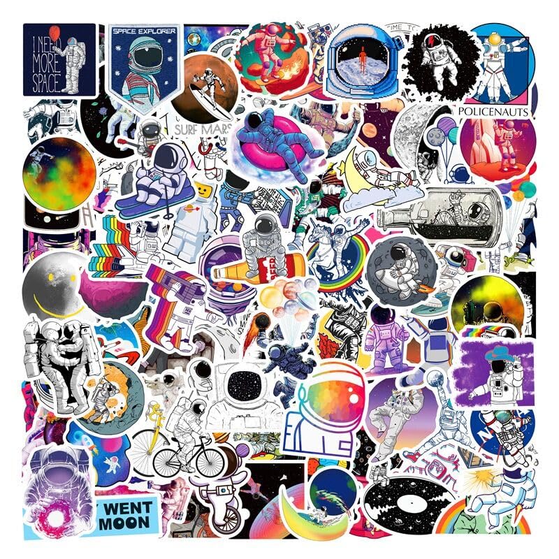 100Pcs Astronaut Outer Space Stickers Cartoon Aesthetic Fashion Waterproof Cool Stickers Vinyl Decals for Water Bottles Luggage Laptop Skateboard Stickers for Kids Boys Girls Teens