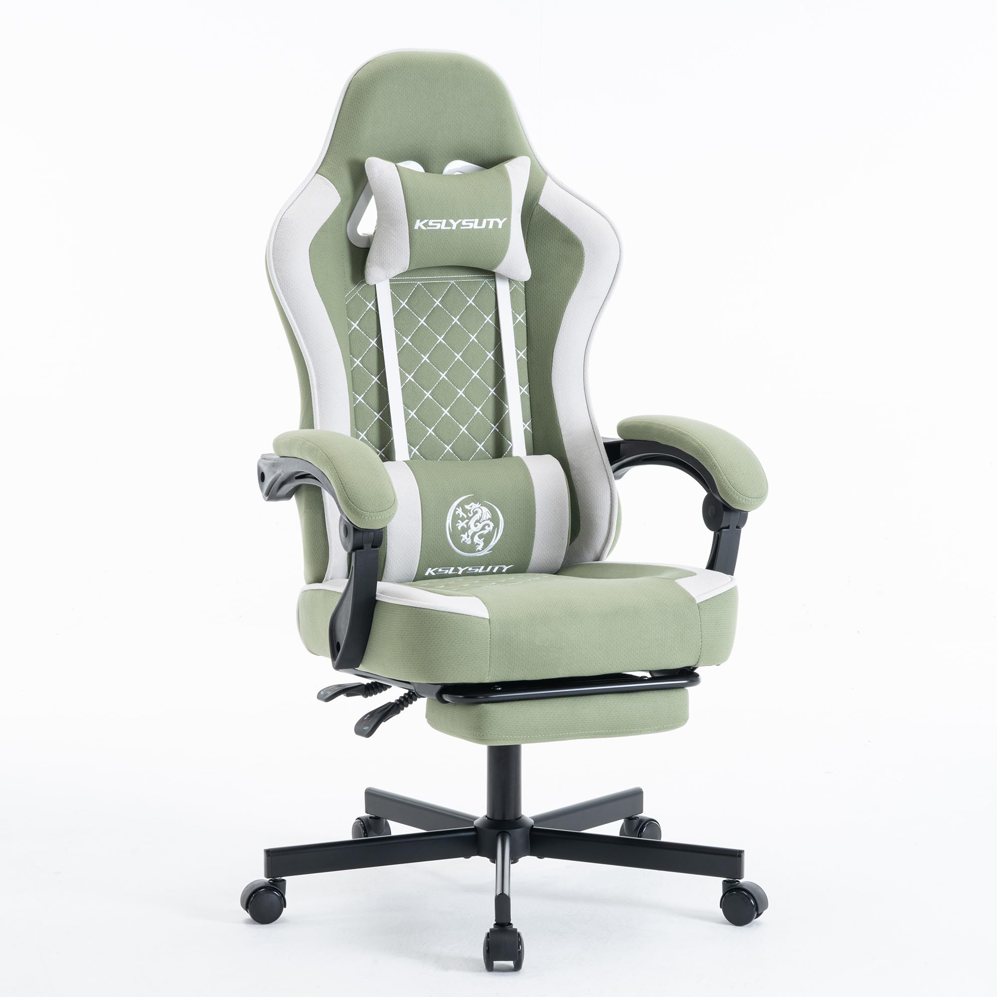 Kslysuty Gaming Chair for Adults with Footrest and Lumbar Support, Height Adjustable Game Chair with 360°-Swivel Seat and Headrest and for Office or Gaming (Green and White Fabric)