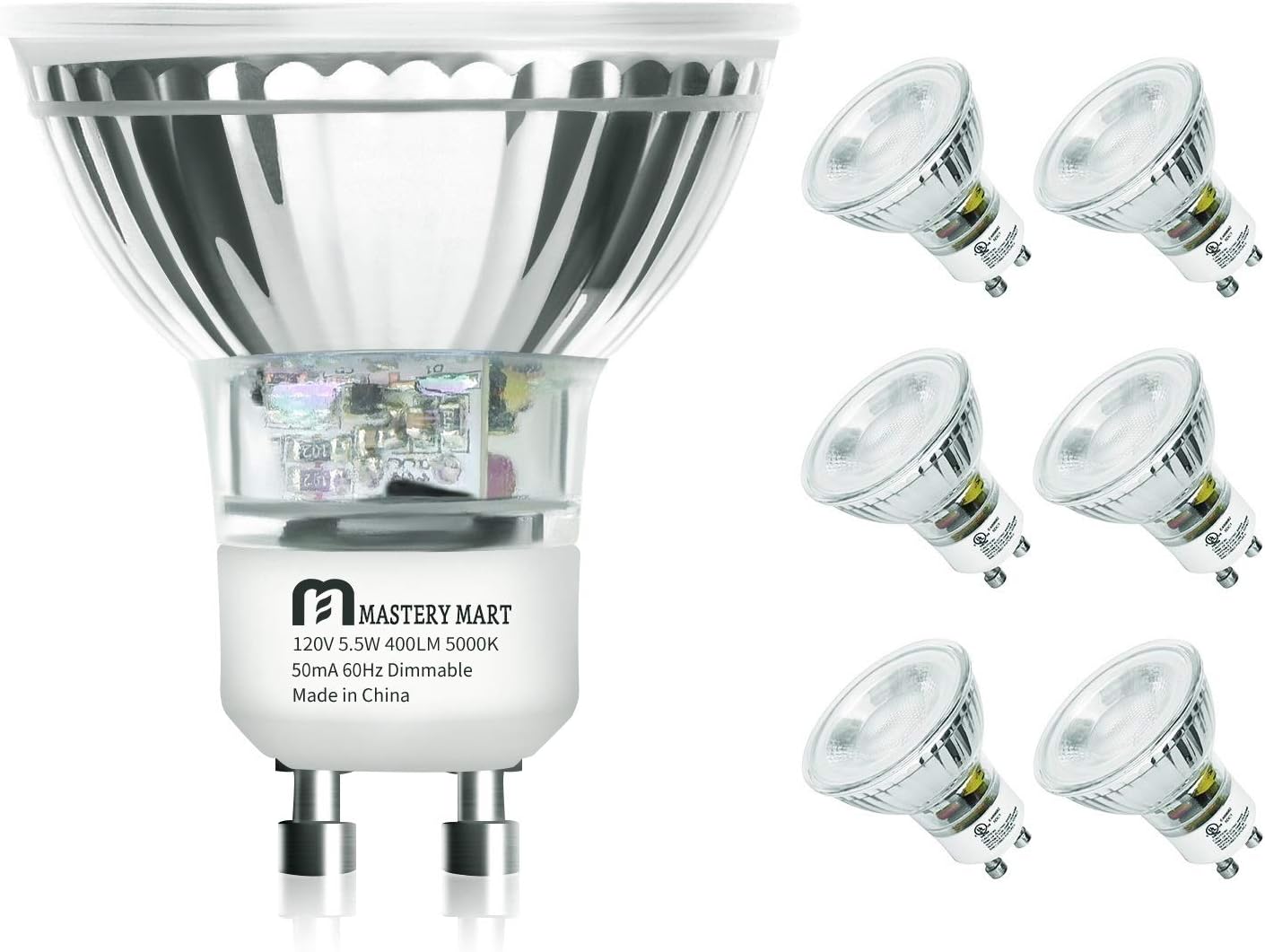 LED GU10 Spotlight Light Bulbs, 50 Watt Equivalent, 5.5W Dimmable, MR16 Full Glass Cover, 5000K Daylight, 25000 Hours, UL Listed, Energy Star Certified, by Mastery Mart (Pack of 6)