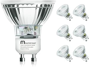 LED GU10 Spotlight Light Bulbs, 50 Watt Equivalent, 5.5W Dimmable, MR16 Full Glass Cover, 5000K Daylight, 25000 Hours, UL Listed, Energy Star Certified, by Mastery Mart (Pack of 6)