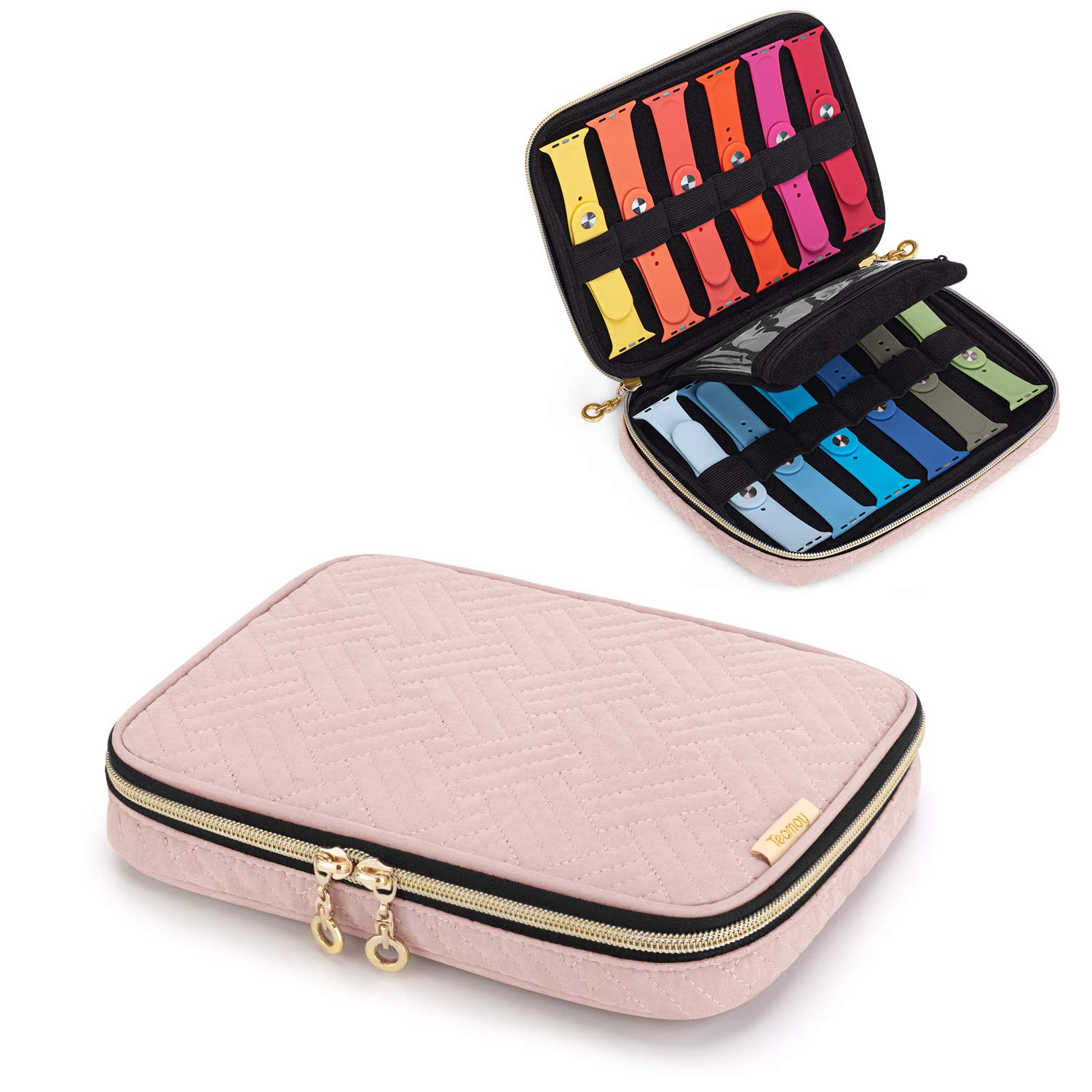 Teamoy Watch Strap Storage Case Holds 12pcs Watch Straps, Travel Organiser Bag for Watch Bands, Organiser Case Compatible for All Series Apple Watch Straps or Smart Watch Bands, Misty Rose