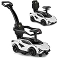INFANS 3 in 1 Ride on Push Car, Licensed Lamborghini Baby Stroller Sliding Walking Car with Push Handle, Music, USB, Headlight, Under Seat Storage, Kids Foot-to-Floor Toy for 18-60 Months (White)