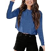 Tankaneo Women Long Sleeve Crop Tops Loose Crew Neck Cropped T-Shirts Drop Shoulder Casual Basic Tees L-Blue