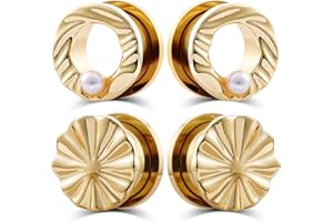 POBAISITER 2pairs Leaf Shaped Ear Gauges with Pearls Stainless Steel Ear Tunnels and Plugs Gold and Silver Ear Gagues Screw F