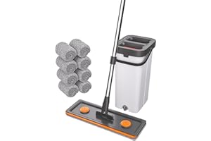 O-MART Mop & Bucket Set, Hands Free Flat Wet Dry Mop with Wringer, Separates Dirty & Clean Water, 360° Rotating, Microfiber Pads for Floor & Wall Cleaning(Mop and Bucket Set with 8 Pads)
