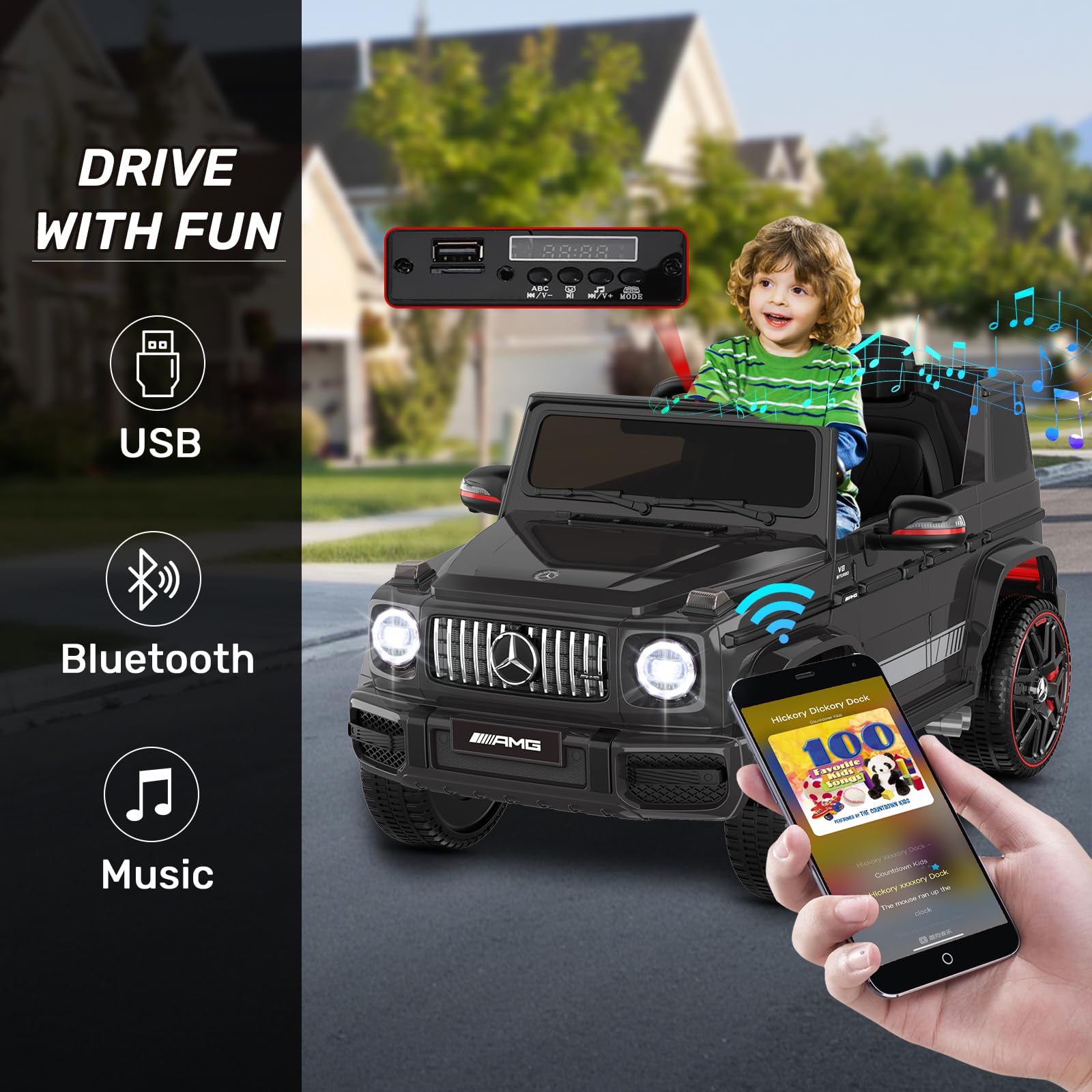 ANPABO 12V Ride on Car for Kids, Ride on Toys for Toddlers w/Parent Remote Control, LED Headlights, Music Player & Horn, Soft Start, Low Battery Prompt, Kids Electric Vehicle, Black