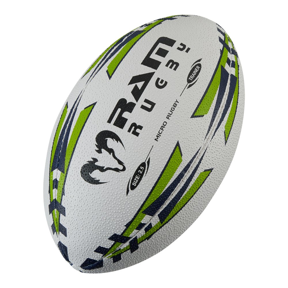 Ram Rugby - Squad Training Micro Rugby Ball - Size 2.5-3-D Grip for Passing & Catching - Suitable for Ages 3-6 - Same Construction as Regular Ball - Colour: Lime Green and Navy