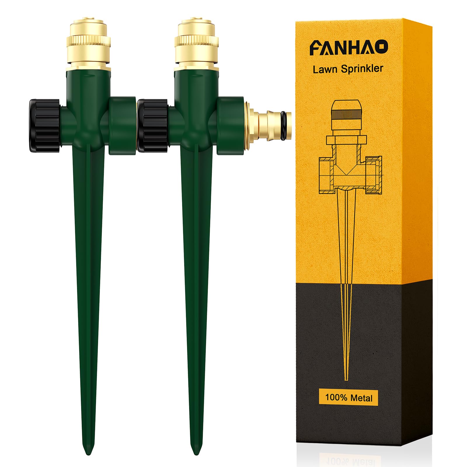 FANHAO 2 Pack Metal Lawn Sprinkler for Yard, Automatic Garden Water Sprinkler on Spike Base, Adjustable Brass Sprinkler Nozzle 360 Degree Large Area Coverage for Lawn Grass Patio Garden Irrigation