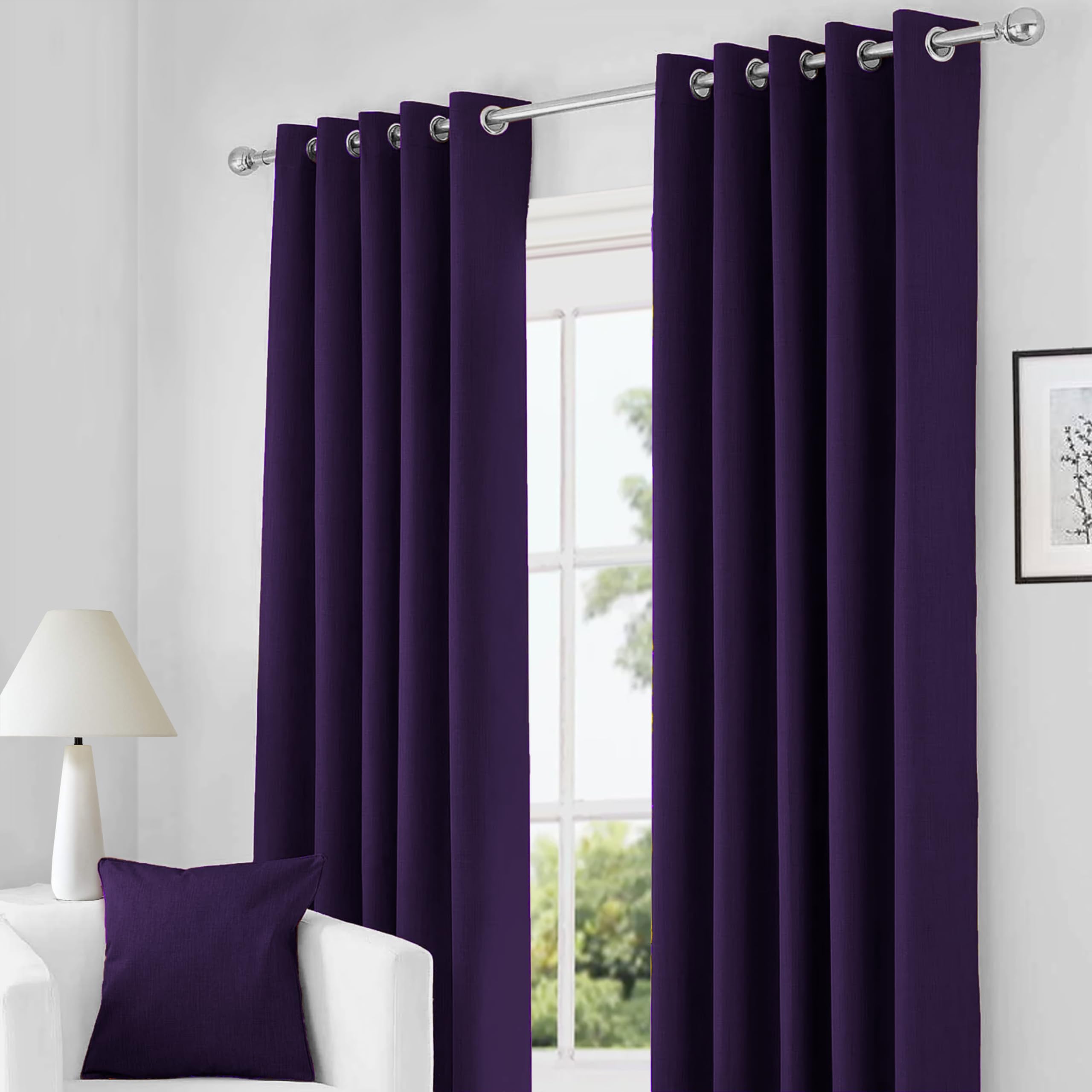 RayyanLinen Readymade Blackout Thermal Eyelet Ring Top Pair of Curtains Including 2 free Tiebacks (AUBERGINE PURPLE, Width 90" x Drop 90")