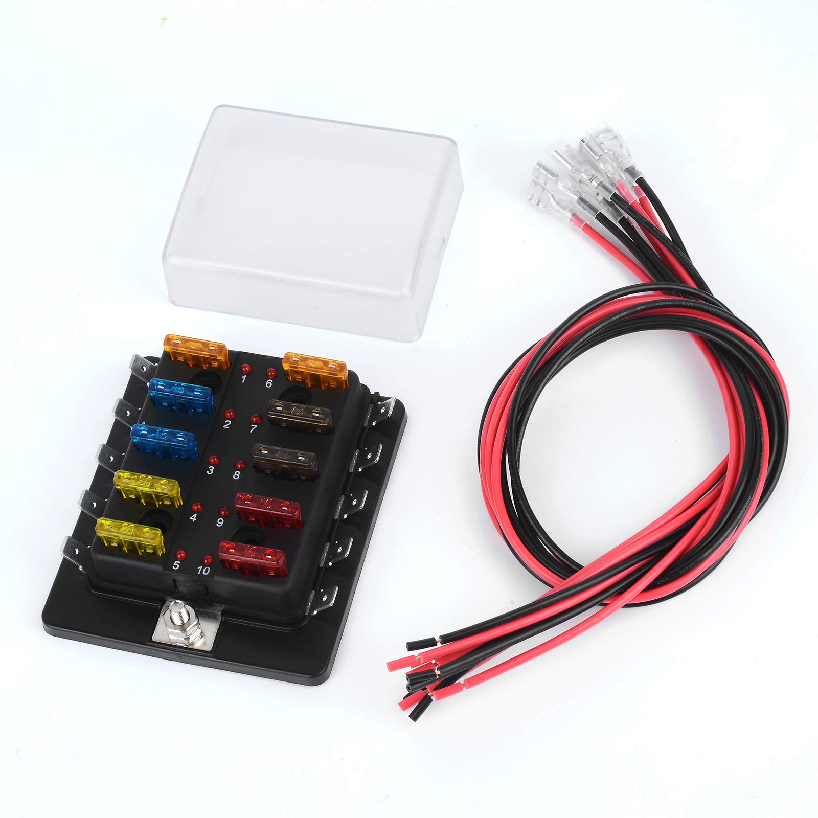 Jtron Car Fuse Box 12 V 10-Way Blade Fuse Holder with Cable, LED Display, ATC/ATO 5A 7.5A 10A 15A 20A Fuse Socket for Car, Boat, Marine, Truck (10 Way)