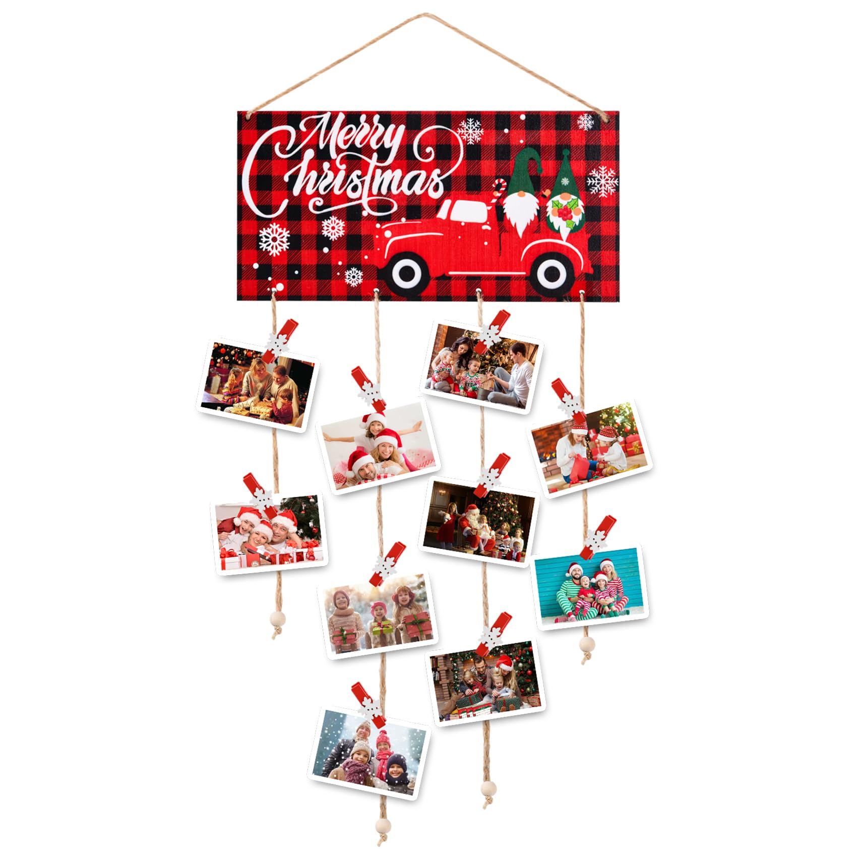 Christmas Card Holder Wooden Merry Christmas Wall Hanging Picture Holders with 30 Snowflake Wooden Photo Clips Picture Holder for Wall Xmas Greeting Card Display for Christmas Home Party Wall Decor